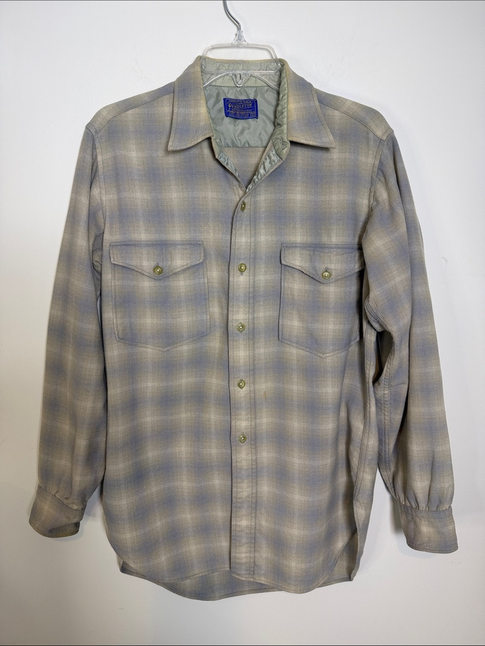 PENDLETON Men's Plaid Button-Down Shirt 100% Wool USA Made, Blue/Gray, Sz 15 1/2